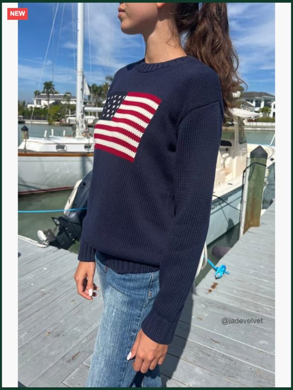 American Flag Crew Neck Sweater - Long Sleeve Loose Knit Pullover Top - Picture 6 of 7